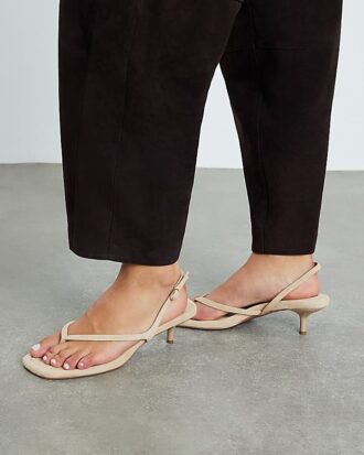 Beige Suede Toe Thong Heeled Sandals
