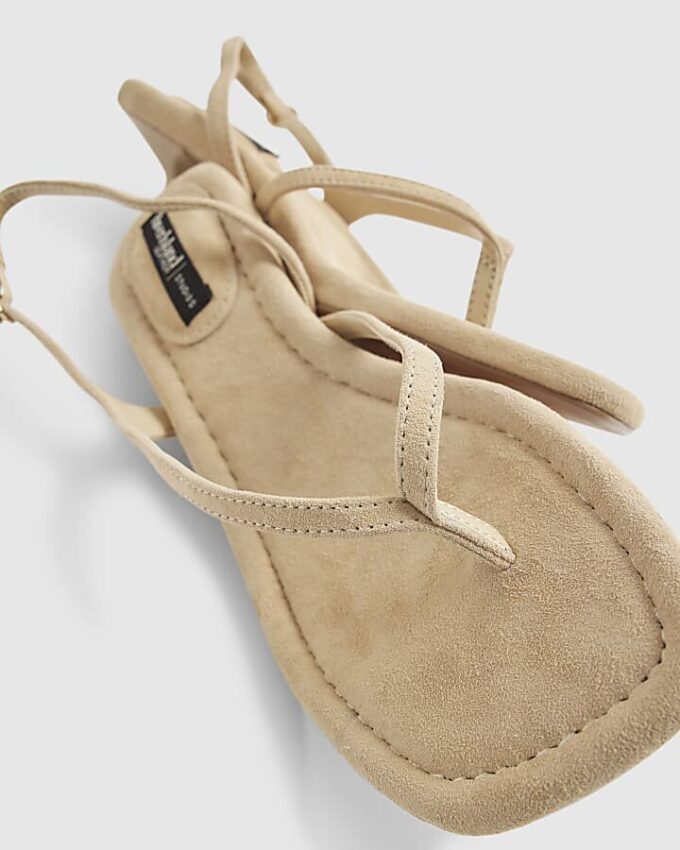 Beige Suede Toe Thong Heeled Sandals