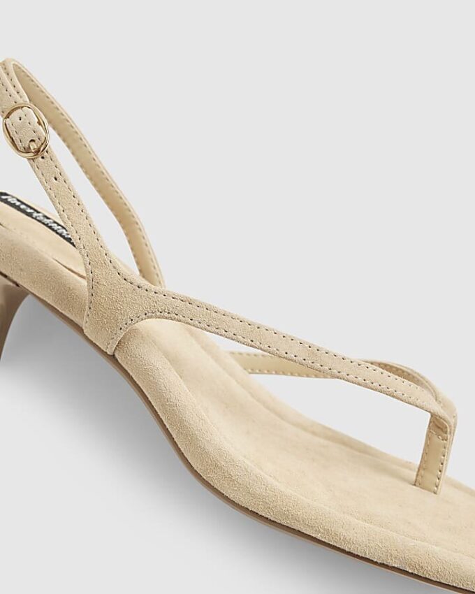 Beige Suede Toe Thong Heeled Sandals