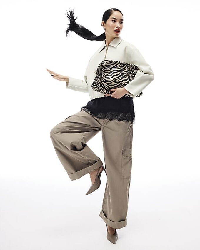Beige Wide Leg Cargo Trousers