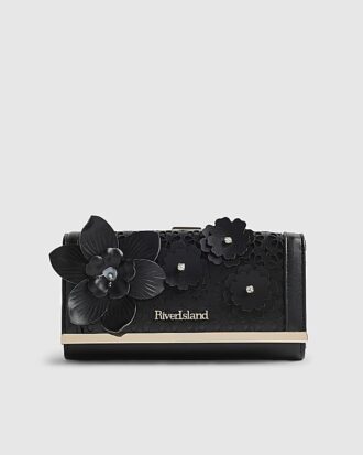 Black 3D Floral Laser Cut Clip Top Purse