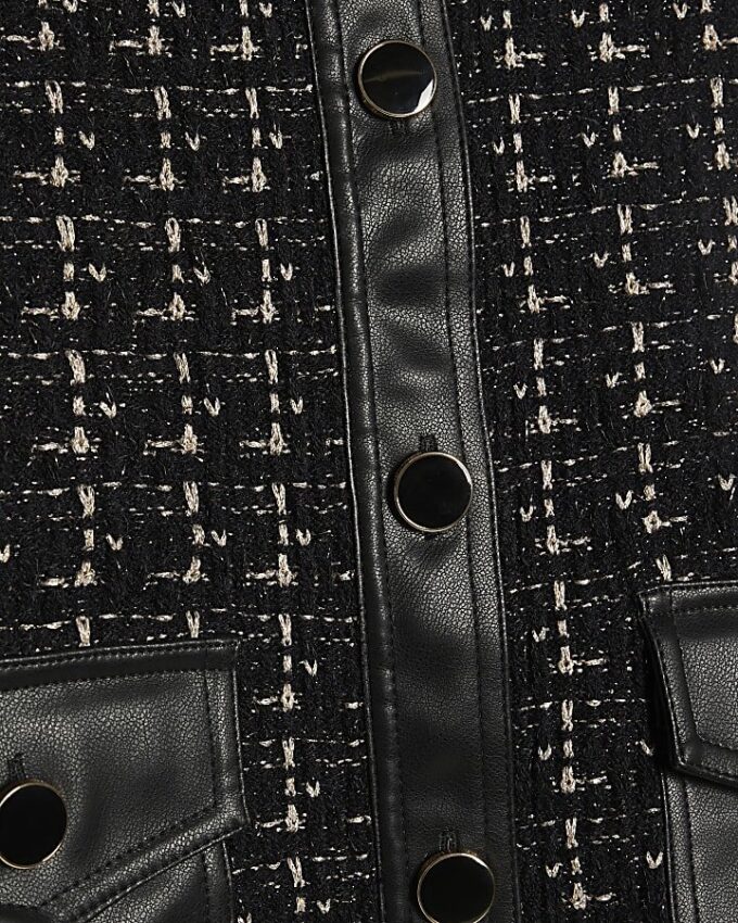 Black Boucle Faux Leather Trim Cardigan