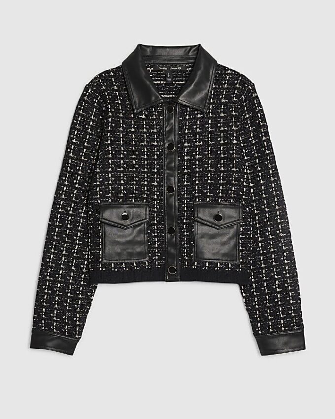 Black Boucle Faux Leather Trim Cardigan
