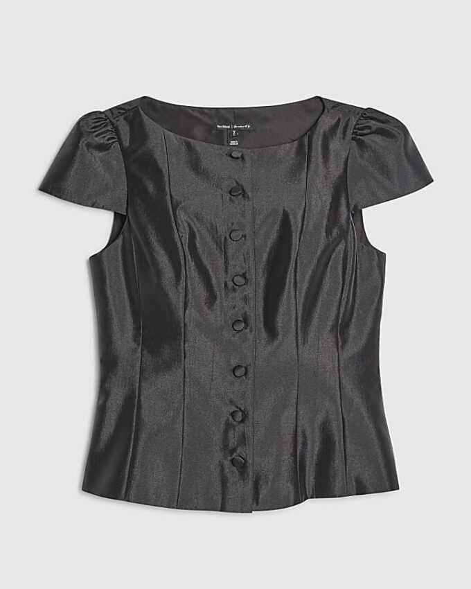 Black Button Puff Sleeve Top