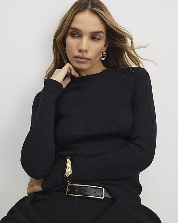 Black Button Shoulder Rib Top