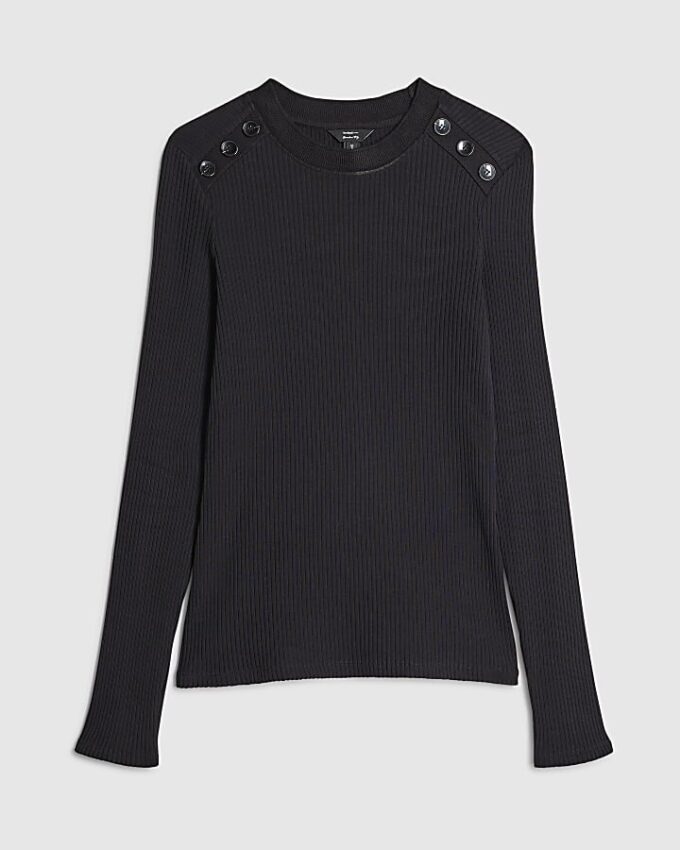 Black Button Shoulder Rib Top