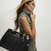 Black Chain Handle Embossed Tote Bag