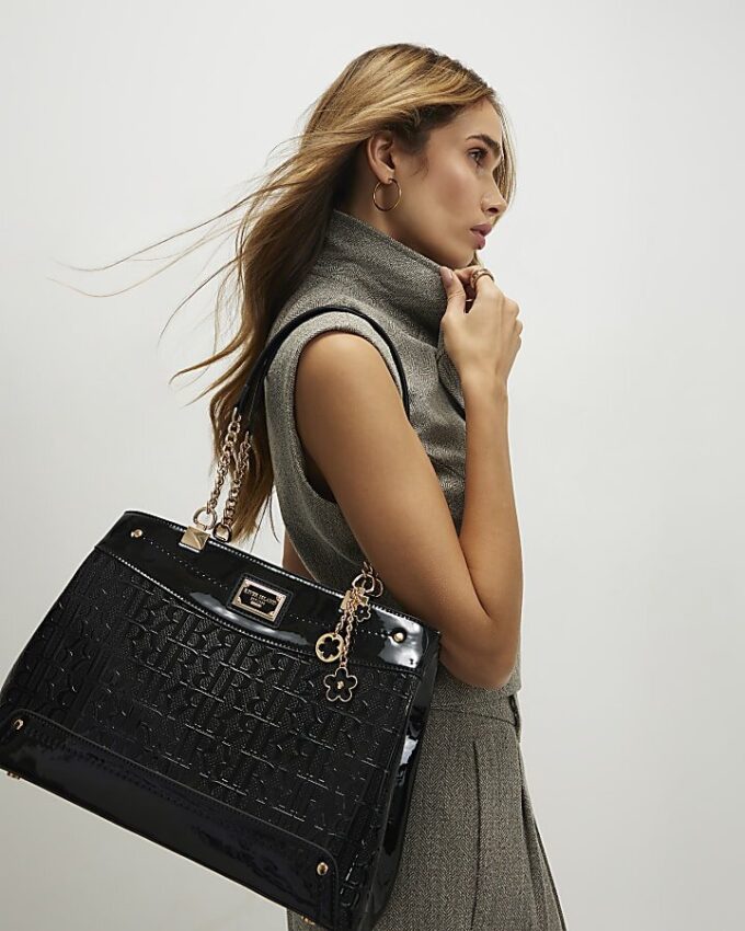 Black Chain Handle Embossed Tote Bag