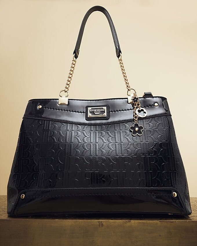 Black Chain Handle Embossed Tote Bag