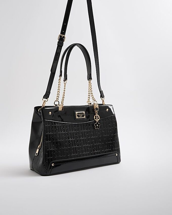 Black Chain Handle Embossed Tote Bag