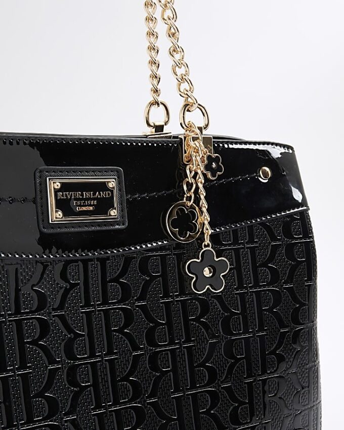 Black Chain Handle Embossed Tote Bag