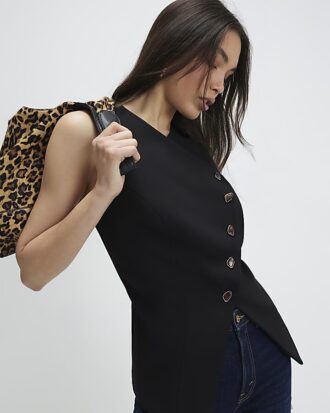 Black Collarless Asymmetric Waistcoat