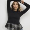 Black Cosy Check Hem Top