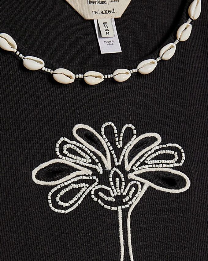 Black Cutwork Palm Tree Ribbed Vest