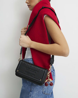 Black Embossed Cherry Charm Cross Body Bag