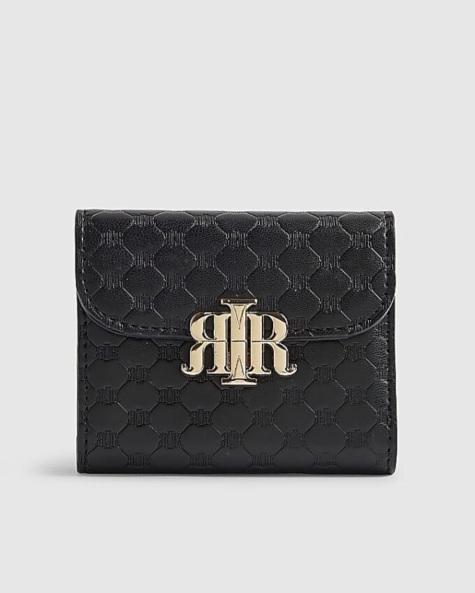 Black Embossed Flap Front Foldout Purse
