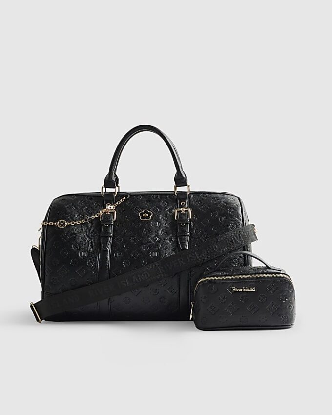 Black Embossed Monogram Barrel Bag Bundle
