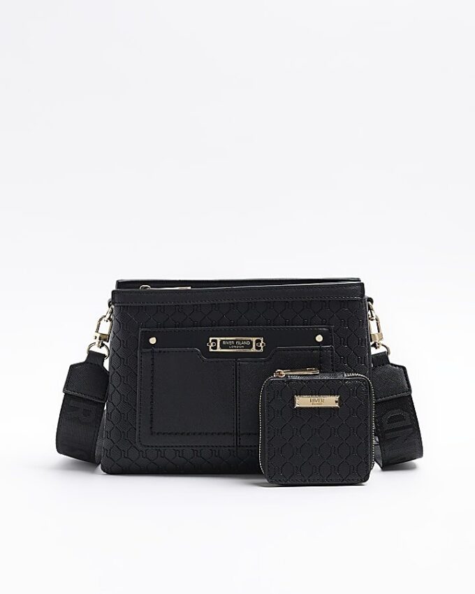 Black embossed monogram cross body bag