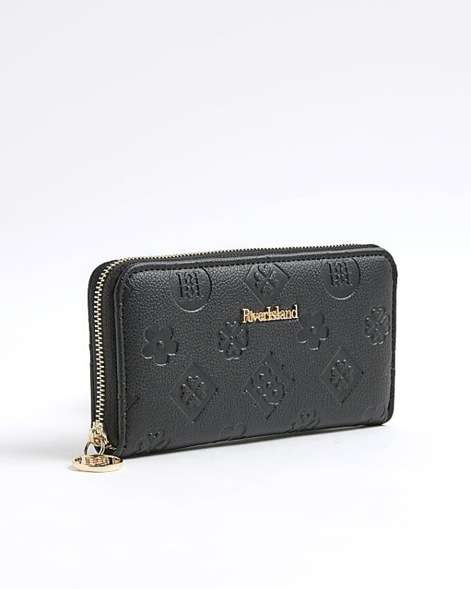 Black Embossed Monogram Zip Around Purse