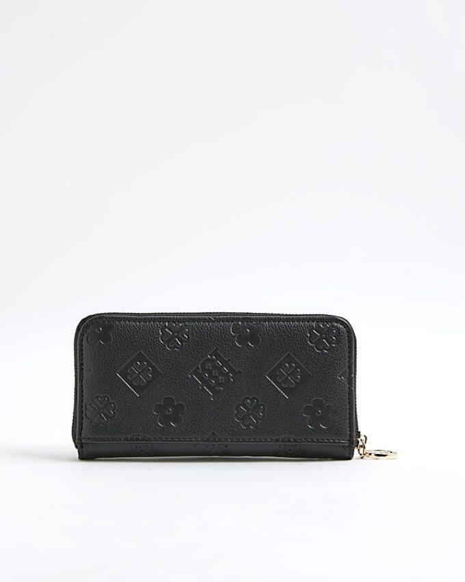 Black Embossed Monogram Zip Around Purse
