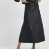 Black Faux Leather Belted Pleated Midi Skirt