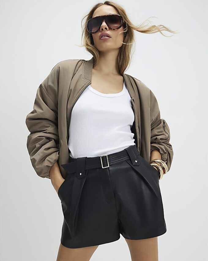 Black Faux Leather Belted Short