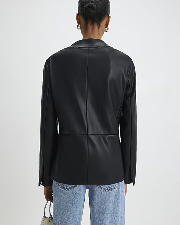Black Faux Leather Collarless Blazer