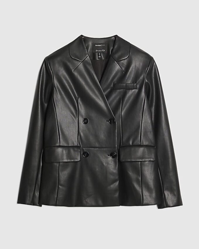 Black Faux Leather Collarless Blazer