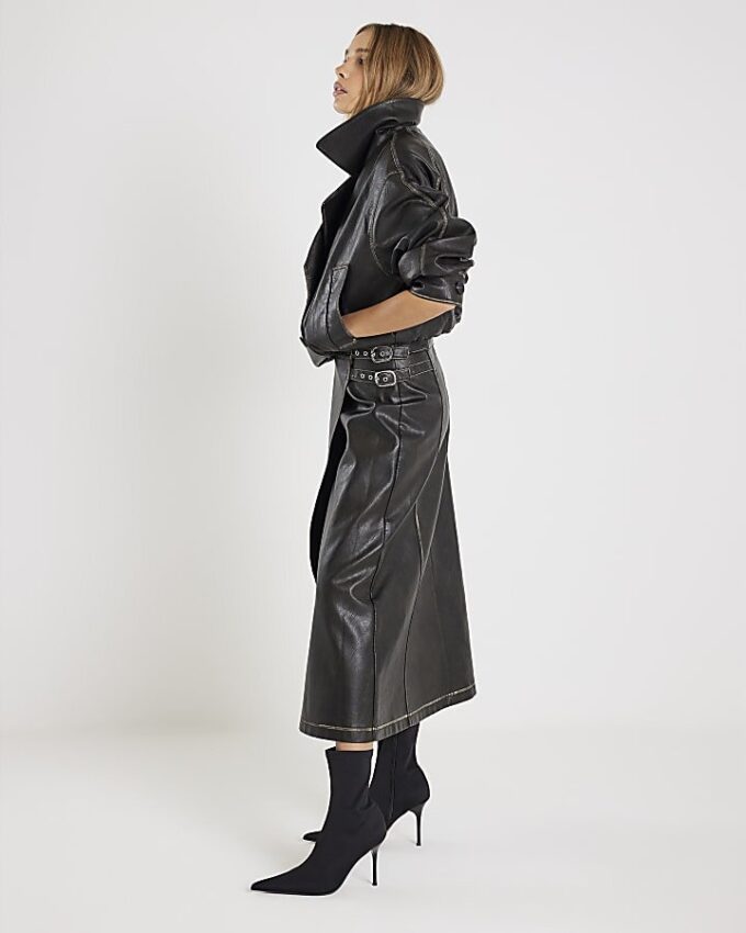 Black Faux Leather Distressed Wrap Midi Skirt