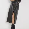 Black Faux Leather Distressed Wrap Midi Skirt