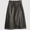 Black Faux Leather Distressed Wrap Midi Skirt