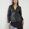 Black Faux Leather Fitted V Neck Top