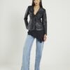 Black Faux Leather Fitted V Neck Top
