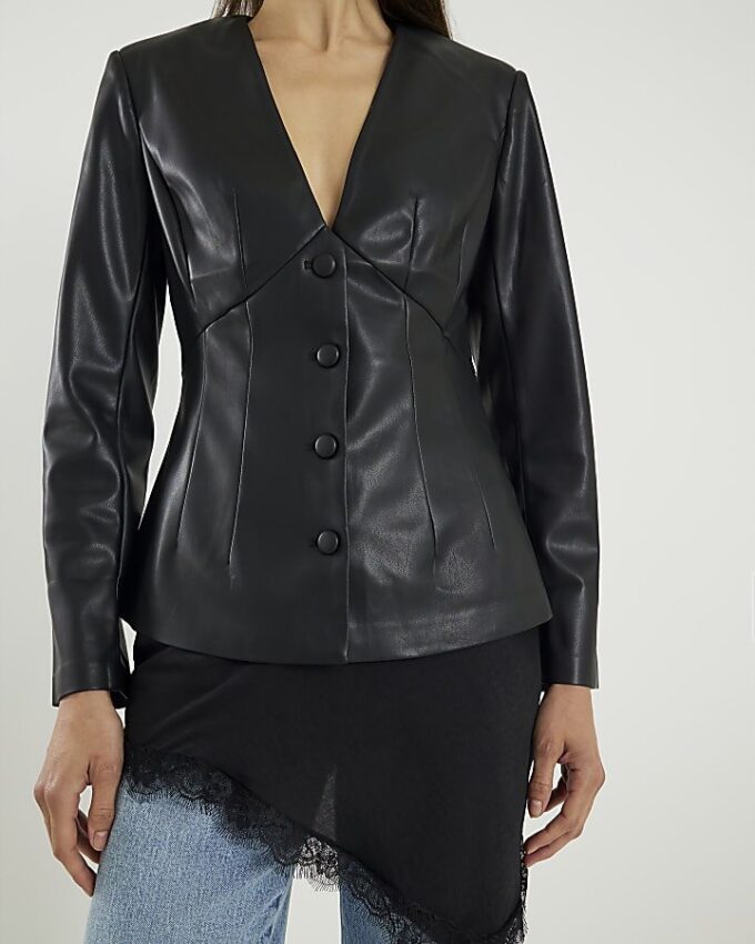 Black Faux Leather Fitted V Neck Top