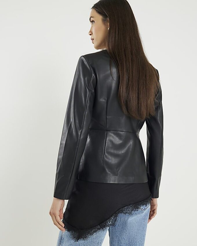 Black Faux Leather Fitted V Neck Top