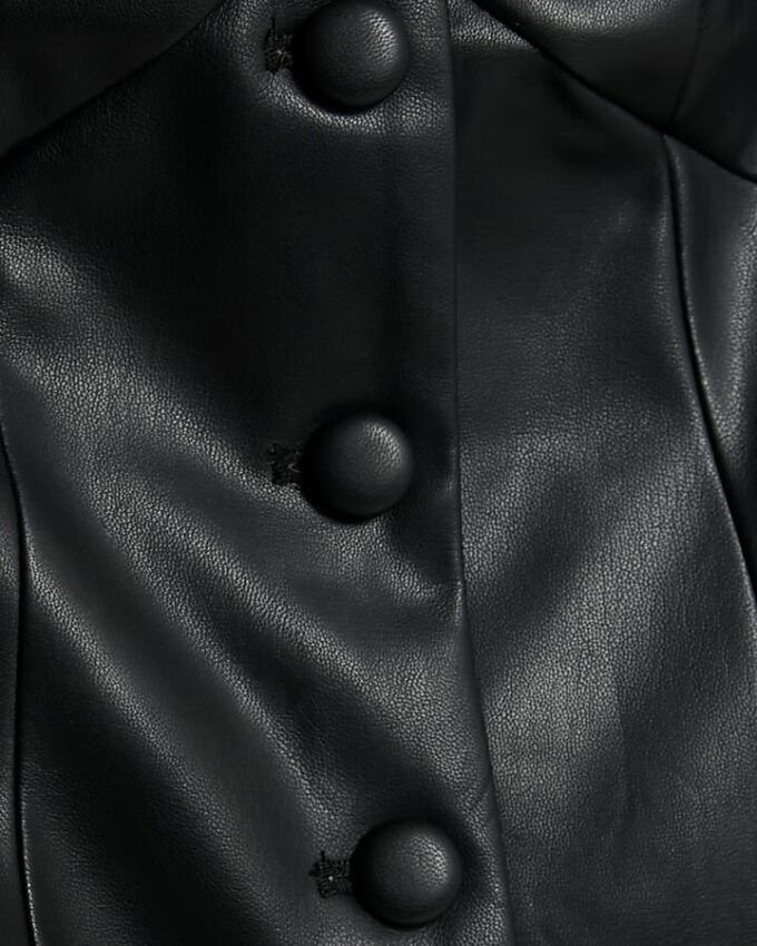 Black Faux Leather Fitted V Neck Top
