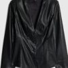 Black Faux Leather Fitted V Neck Top