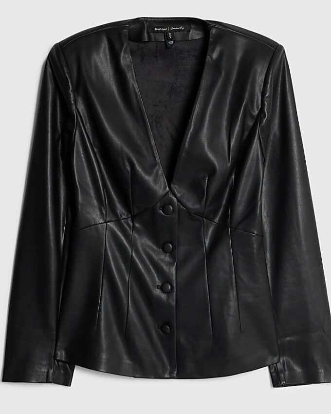 Black Faux Leather Fitted V Neck Top
