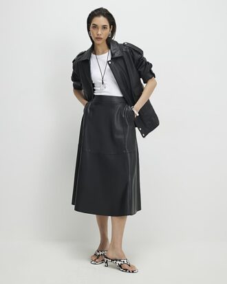 Black Faux Leather Full Circle Midi Skirt