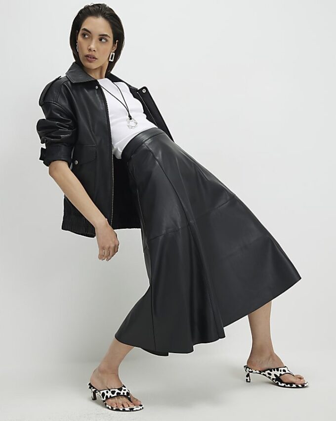 Black Faux Leather Full Circle Midi Skirt