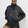 Black Faux Leather Funnel Neck Biker Jacket