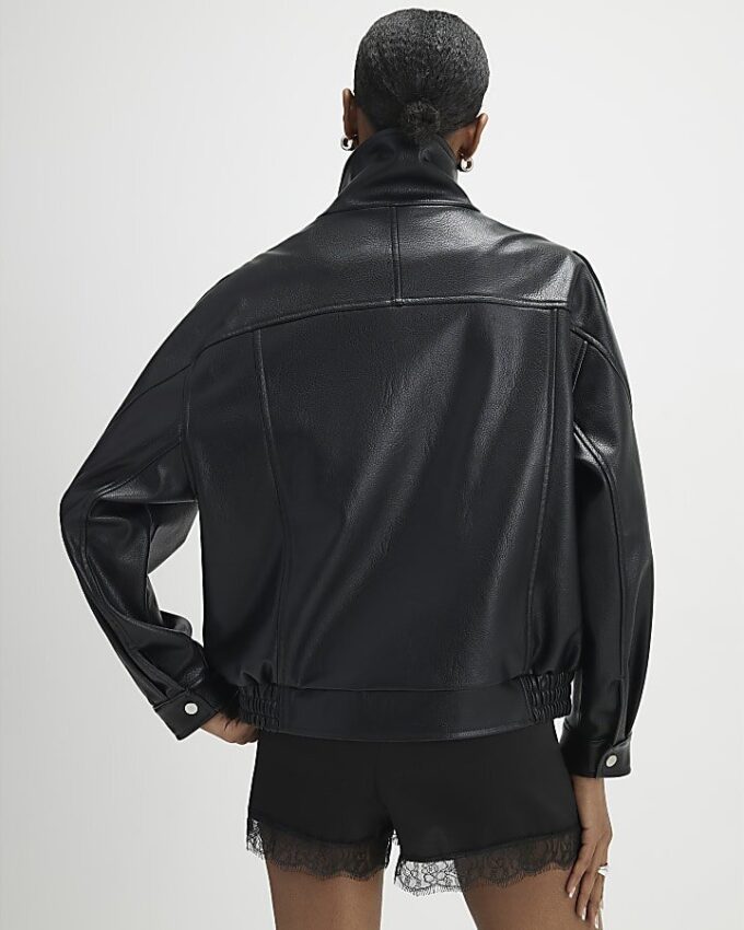 Black Faux Leather Funnel Neck Biker Jacket