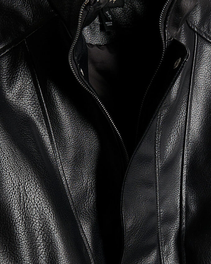 Black Faux Leather Funnel Neck Biker Jacket