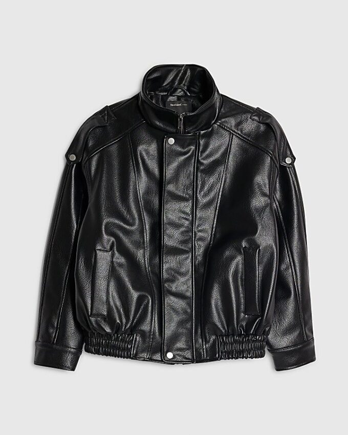 Black Faux Leather Funnel Neck Biker Jacket