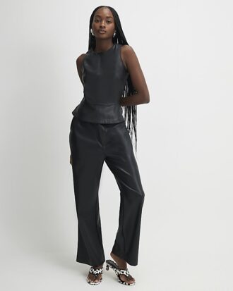 Black Faux Leather Peplum Shell Top