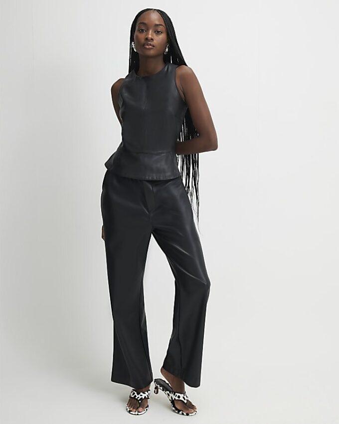 Black Faux Leather Peplum Shell Top