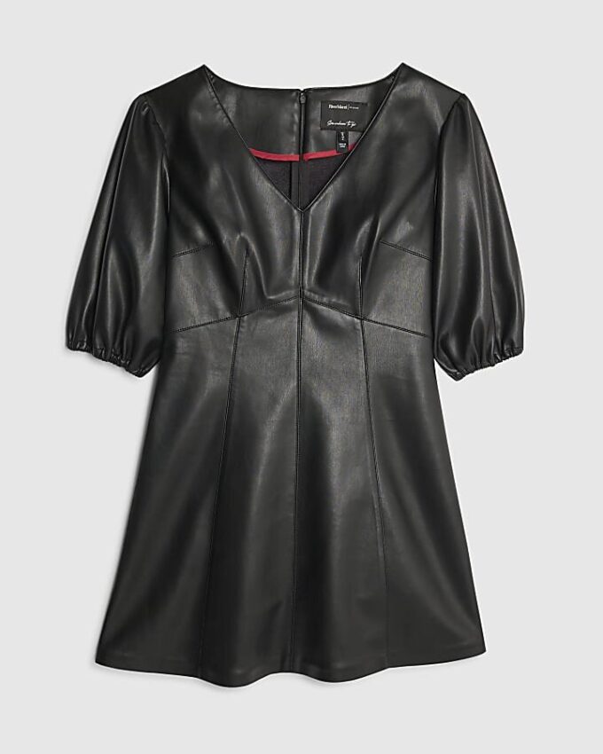 Black Faux Leather Puff Sleeve Mini Dress