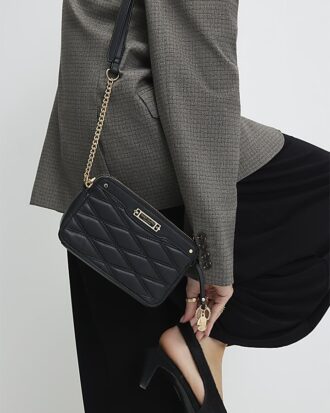 Black Faux Leather Quilted Cross Body Bag