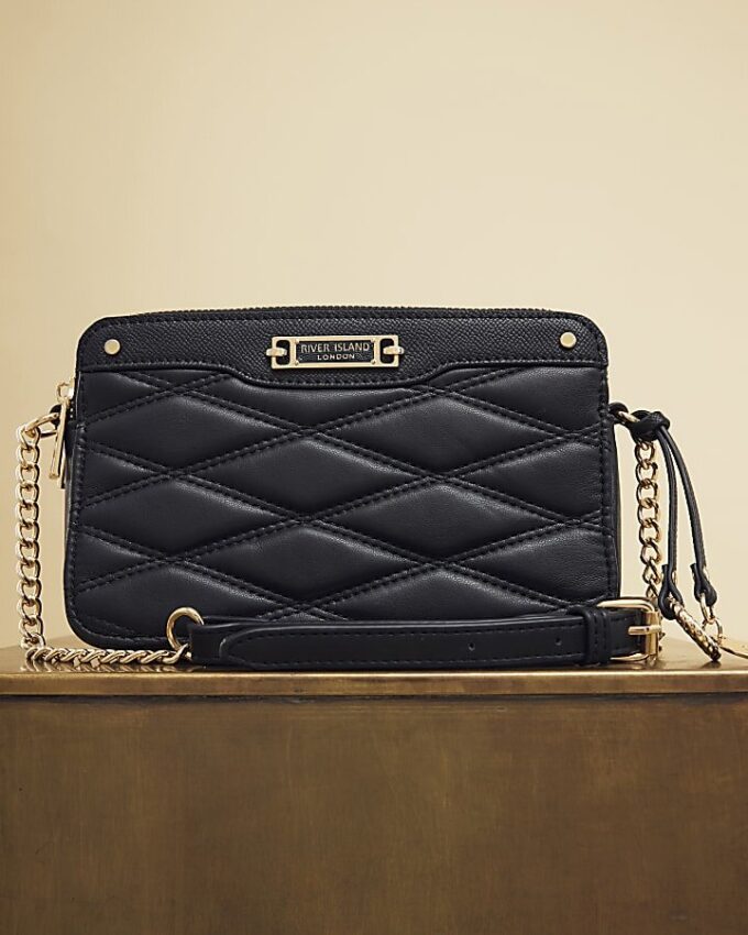 Black Faux Leather Quilted Cross Body Bag