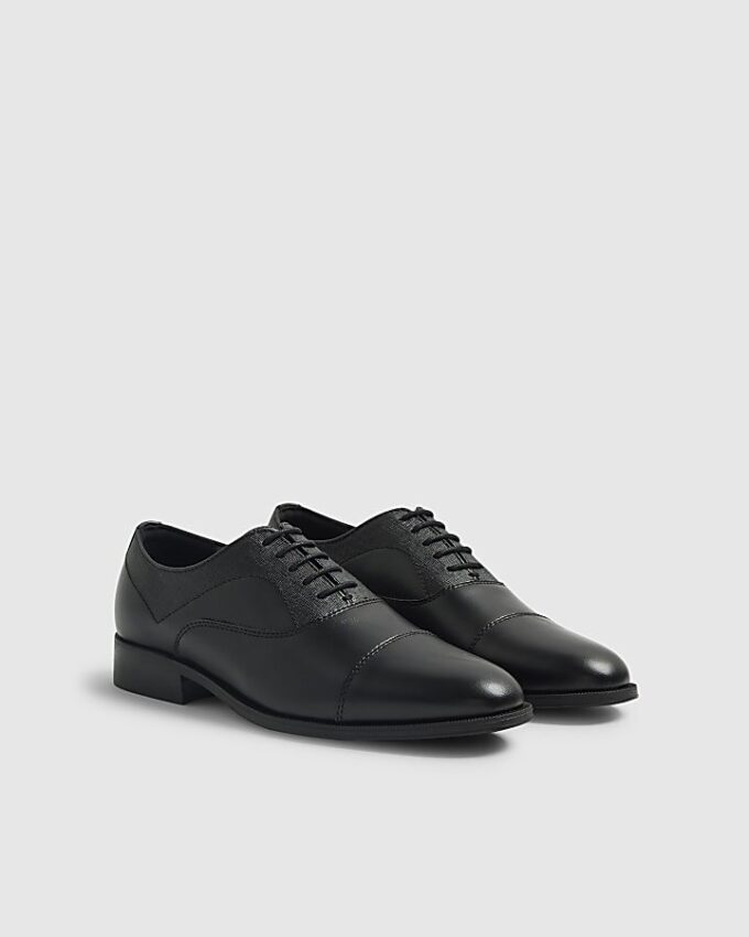 Black Faux Leather Textured Lace Up Shoes
